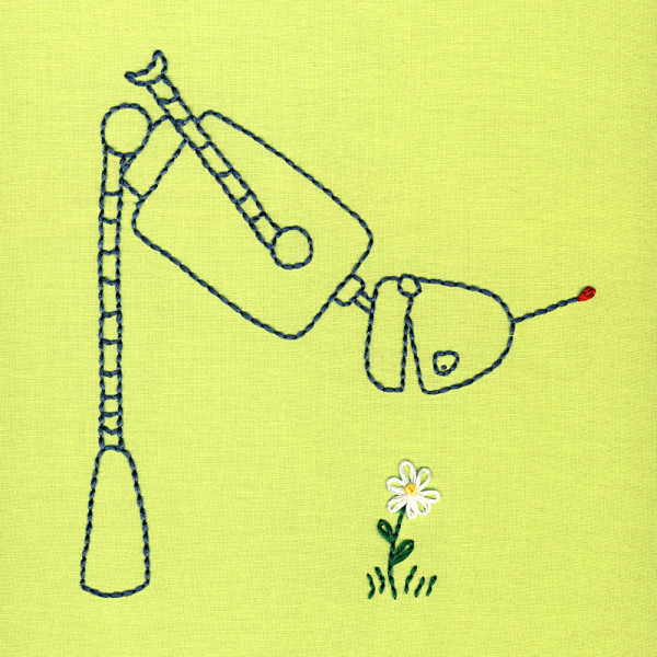 Robot bending down to look at a flower embroidered with lazy daisy stitch - embroidery pattern from Shiny Happy World