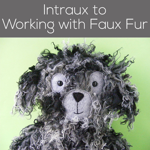 Close up of a grey shaggy dog stuffed animal. text reads "Intro to Working with Faux Fur." Post about working with fake fur fabric - a video tutorial from Shiny Happy World