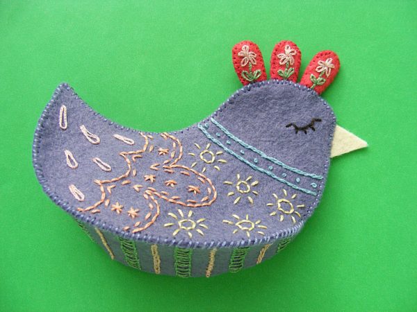 partially sewn softie made with a free felt birds pattern from Shiny Happy World