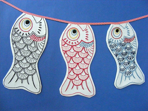 Koinobori Carp Banner - embroidery pattern showing traditional Japanese carp flags in three sizes 
