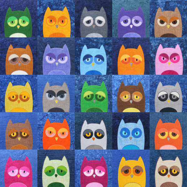 Parliament of Owls quilt pattern - grid of applique owls in lots of fun colors.