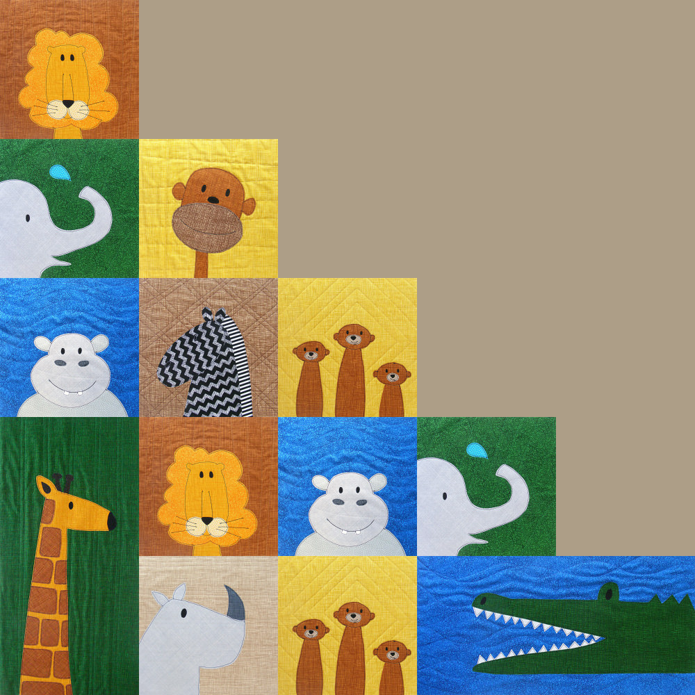 Safari Animals quilt arranged in steps - pattern from Shiny Happy World