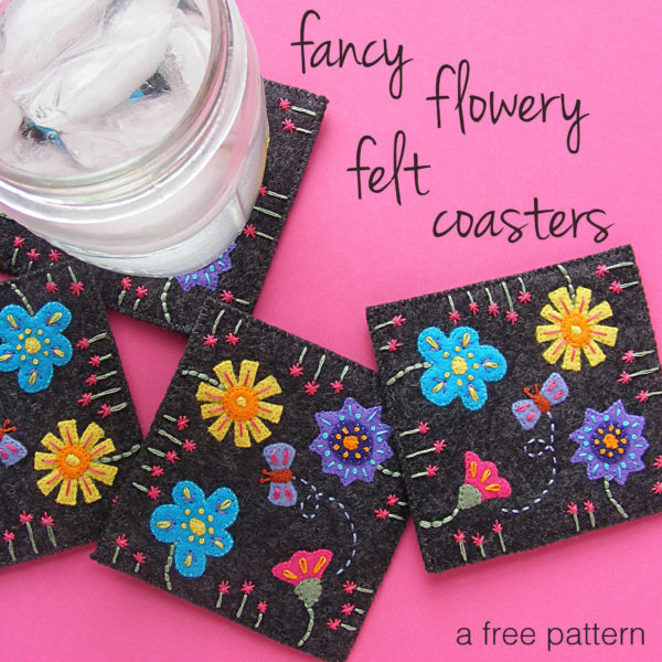 set of pretty felt coasters with flower applique and embroidery - a free pattrn for a great way to learn about working with felt