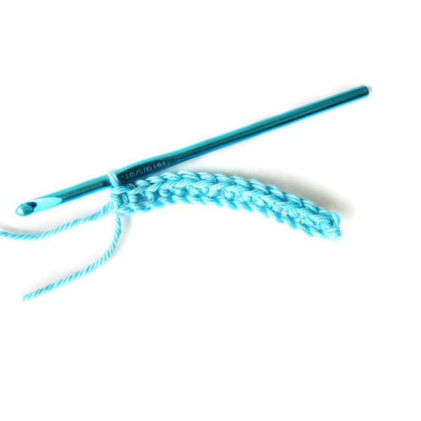 Blue crochet with crochet hook still attached