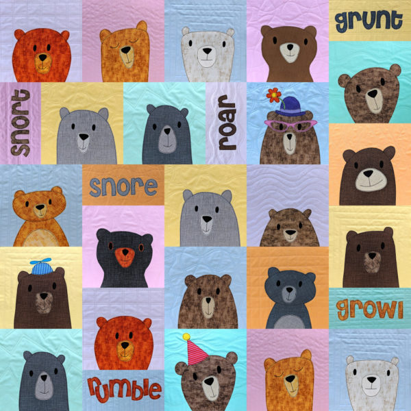 Bunches of Bears - easy applique quilt pattern from Shiny Happy World with sounds added using a free alphabet applique pattern and varied quilt block sizes.