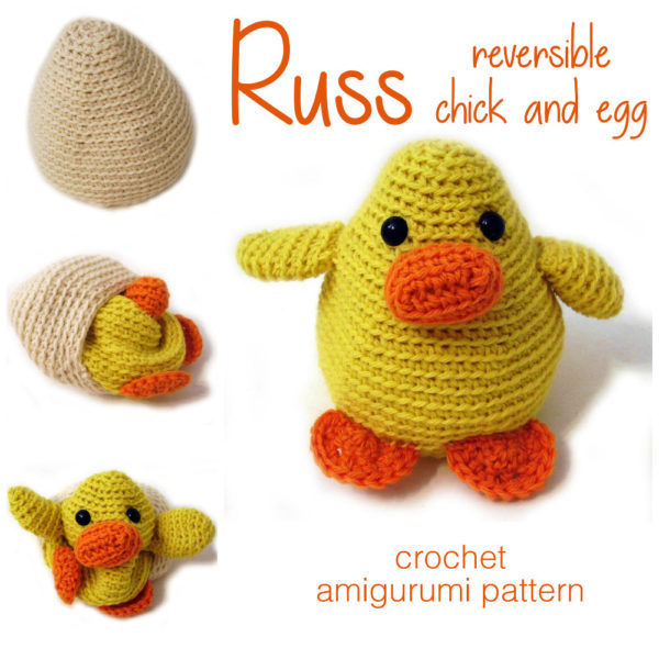reversible chick and egg crocheted toy - it uses double crochet for the feet