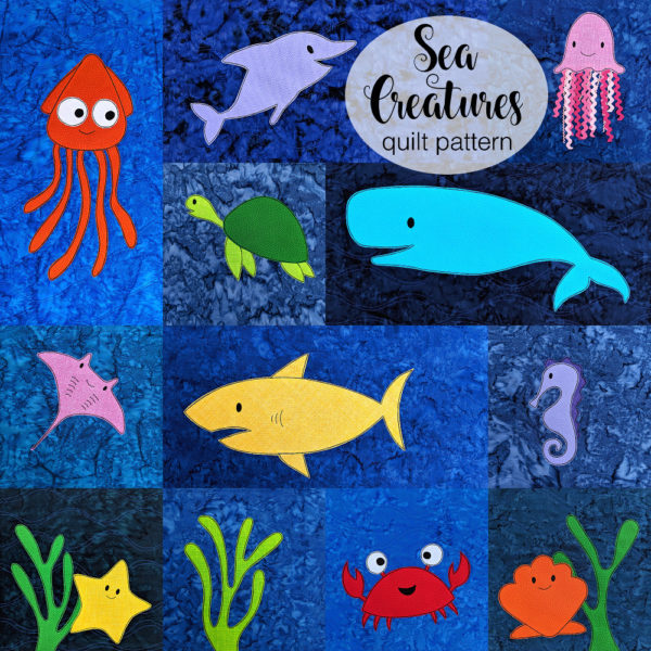 Sea Creatures quilt pattern from Shiny Happy World. Applique sea creatures on varied quilt block sizes to create a broken grid.