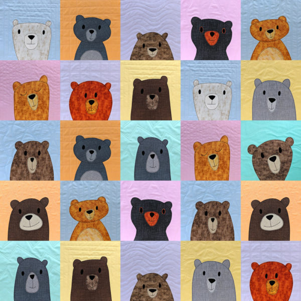 Bunches of Bears quilt pattern from Shiny Happy World - grid of applique bear faces.