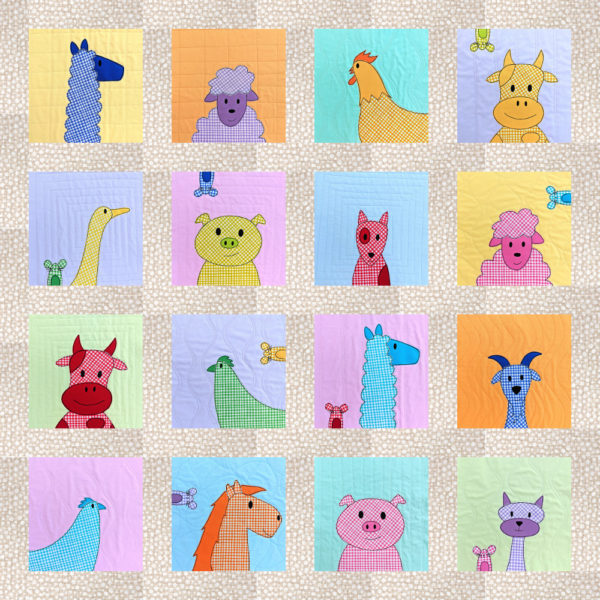Square pastel quilt with appliques of farm animals - showing how to add sashing to a quilt pattern.