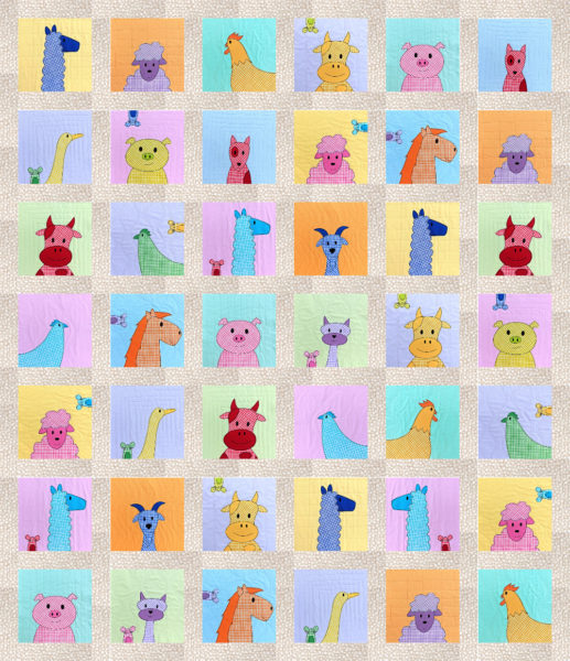 Twin size applique farm animals quilt in pretty pastels with cream/tan sashing between all the blocks.