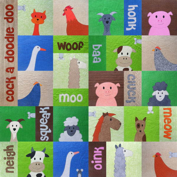 Noisy Farm quilt pattern from Shiny Happy World - applique farm animals with varied quilt blocks sizes and animal sounds.
