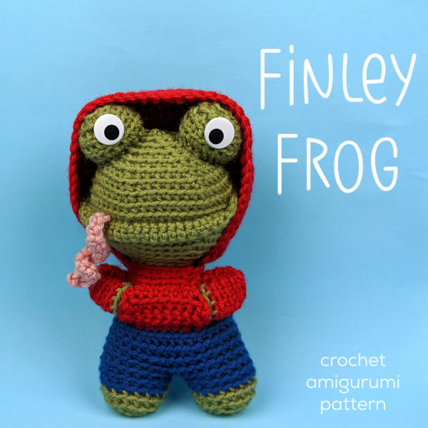 Finley the Frog - a cute crocheted frog wearing a cozy hoodie