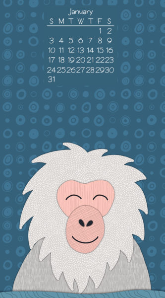 snow monkey soaking in hot spring with january 2021 calendar