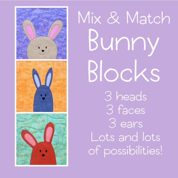 three stacked bunny faces made with the free Mix & Match Bunnies applique pattern from Shiny Happy World