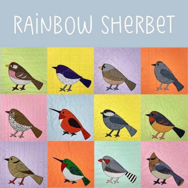 applique birds made with the Rainbow Sherbet bundle of Kona cotton solids