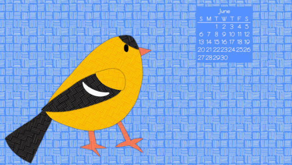 collage goldfinch on a blue patterned background with June 2021 calendar - free wallpaper for computers, tablets and phones