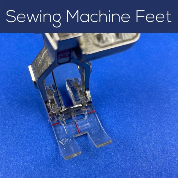 photo showing a close-up of a clear plastic applique sewing machine foot. text reads: Sewing Machine Feet