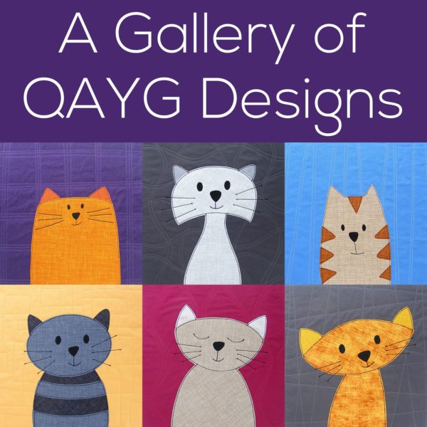Gallery of Quilt As You Go designs - showing 6 applique cat blocks with different quilted backgrounds