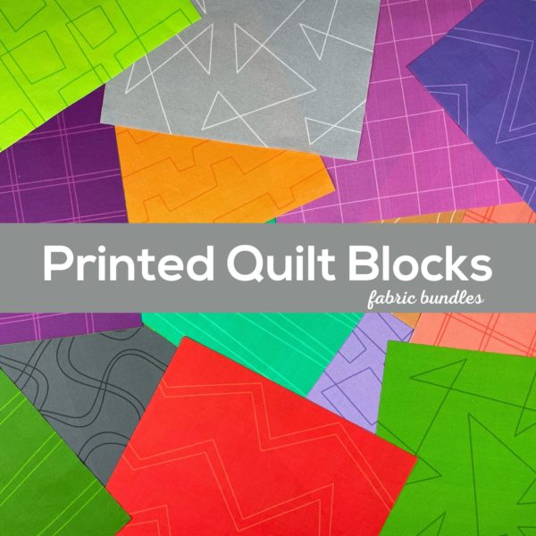 An assortment of fabric squares with quilting lines printed on them. Text reads: Printed Quilt Blocks - Fabric Bundles