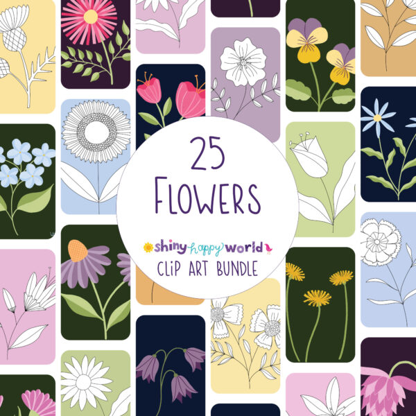 Cover image showinf a bunch of rectangles filled with pretty flowers clip art - some in color and some as black and white line art. Text reads: 25 Flowers - Shiny Happy World - Clip Art Bundle.