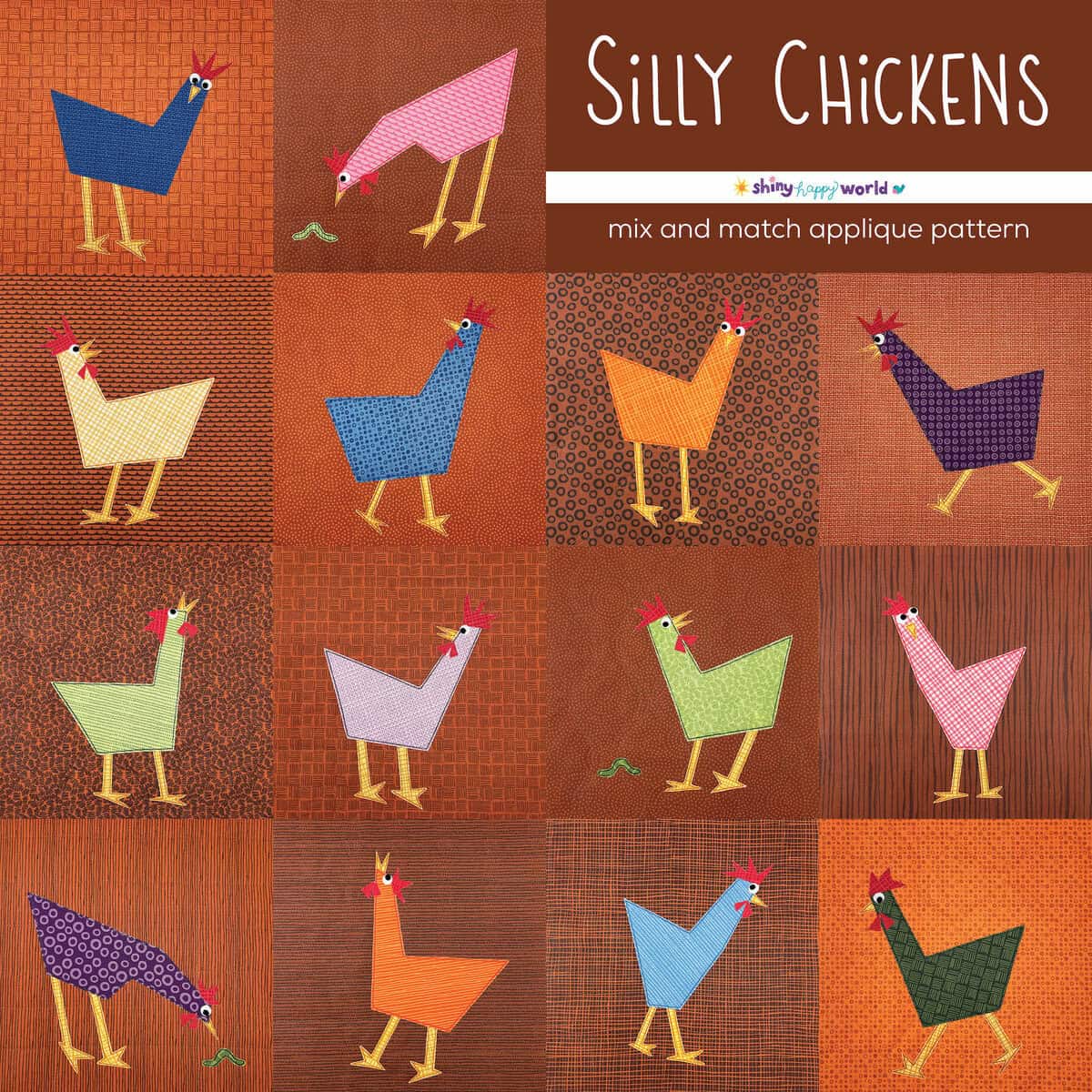 Colorful DIY applique pattern featuring silly chickens for kids' sewing and craft projects.