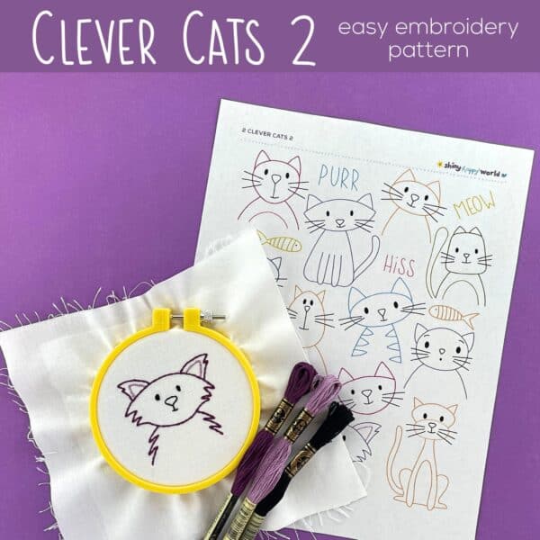 Cute cat embroidery pattern kit for beginners, includes design templates, embroidery floss, and an embroidery hoop. Perfect for creating adorable feline illustrations.