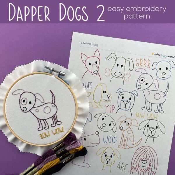Doodle embroidery of adorable cartoon dog with "Bow Wow" text.