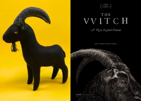 Felt Goat - Black Phillip from the movie The Witch, made with black felt and gold rhinestone eyes.