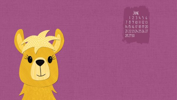 Bright yellow illustrated llama with a friendly face on a purple background, with June 2026 calendar.