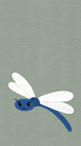 Cute blue dragonfly illustration with white wings on light green canvas.
