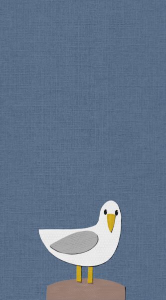 Cute cartoon seagull standing on a brown rock against a blue background.